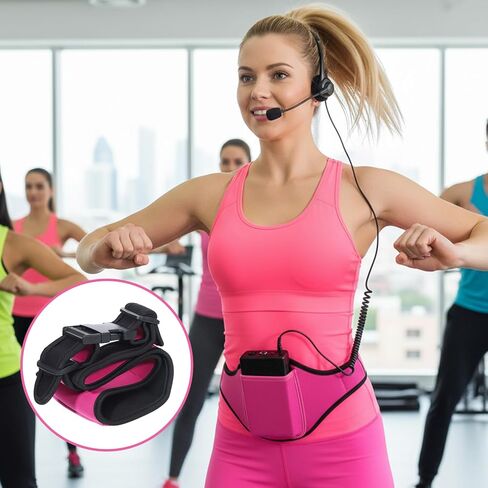 Microphone Belt Holder, Adjustable Mic Belt for Fitness Neoprene Sweat Absorbent Waistband Pouch Case for Fitness Instructor, Teacher, Speaker, Theatre (Rose Red) in Kuwait