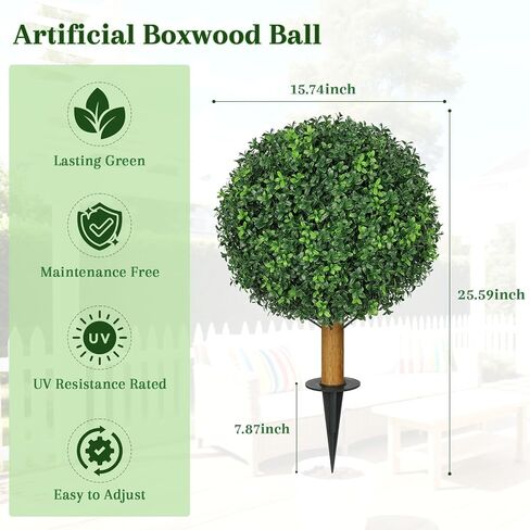 25.6" Artificial Boxwood Topiary Tree with Ground Spike – UV Resistant Faux Outdoor Plant for Front Porch Decor – Realistic Fake Greenery Bush & Shrubs for Garden, Yard & Planter Fillers in Saudi Arabia