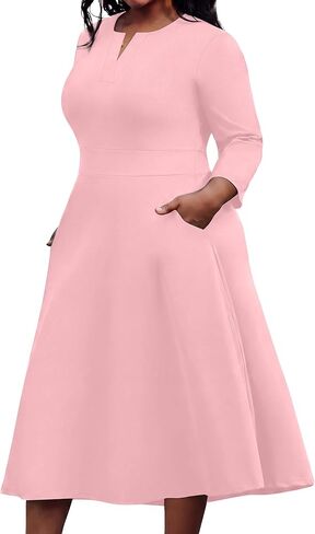 Runwind Plus Size Midi Dress for Women Casual Cocktail Church 3/4 Sleeve V Neck Work A-Line Dresses with Pockets in Saudi Arabia