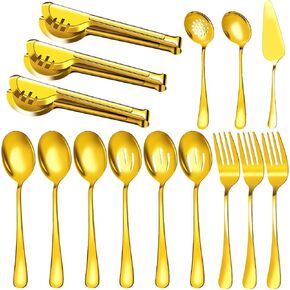 Serving Utensils, 15 Pcs Stainless Steel Large Flatware Serving Tools Kit, Included Spoons, Forks, Tongs, Slotted Spoon, Ladle, Cake Server for Kitchen Catering Banquet Wedding Buffet Party, Gold in Kuwait