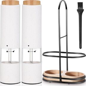 Threlaco Electric Salt and Pepper Grinder Set with 1 Portable Spill Proof Base 2 Packs Battery Operated Salt Pepper shakers with Adjustable Coarseness Light Wheat Straw Grinder for Kitchen(White) in Kuwait