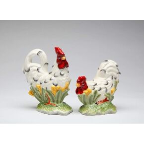 Fine Ceramic Rooster Hen in White and Black Accents Design Salt & Pepper Shakers Set, 5" H in Kuwait