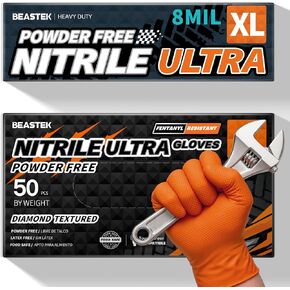 قفازات Beastek Nitrile للاستعمال مرة واحدة، 8 مل من اللاتكس والبودرة، مقاومة للمواد الكيميائية شديدة التحمل، قفازات ألماس برتقالية 50 قطعة in Kuwait
