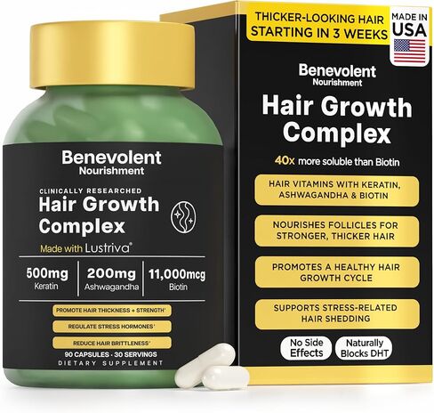 Benevolent Lustriva Hair Growth Supplement – Advanced Hair Vitamins with Keratin & Biotin for Thicker-Looking, Stronger Strands, Support for Stress-Related Thinning in Women & Men, USA-Made, 90 ct in Saudi Arabia
