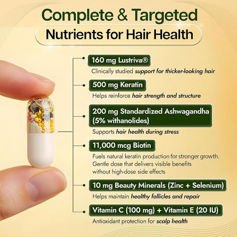 Benevolent Lustriva Hair Growth Supplement – Advanced Hair Vitamins with Keratin & Biotin for Thicker-Looking, Stronger Strands, Support for Stress-Related Thinning in Women & Men, USA-Made, 90 ct in Saudi Arabia