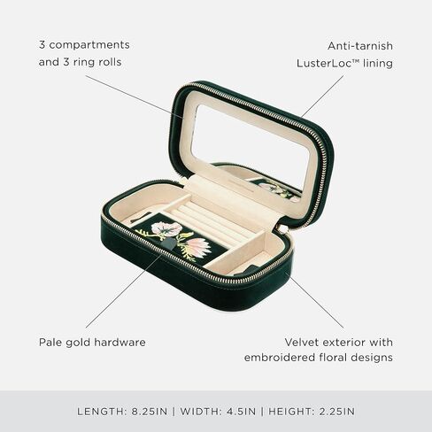 WOLF Zoe Travel Zip Case, Forest Green - Three Ring Rolls, Medium Compartment with Cover, Two Small Compartments & Mirror - Anti-Tarnish LusterLoc Lining in Saudi Arabia