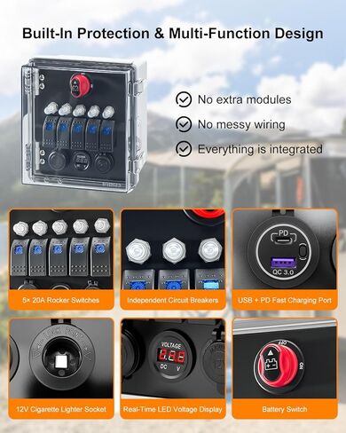 صندوق مفاتيح هزاز 5 عصابة، لوحة مفاتيح سلكية مقاومة للماء مع قواطع دوائر، شاحن USB PD، ولاعة سجائر وعرض الجهد الكهربي لشاحنة ATV UTV البحرية 12 فولت in Saudi Arabia