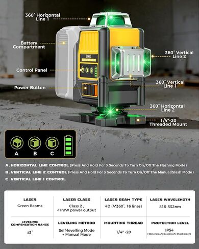 مستوى الليزر DIYtoolifz متوافق مع بطارية DeWalt 20V، التسوية الذاتية 4D 4x360°، أداة تسوية الليزر ذات 4 اتجاهات خضراء ذات 16 خطًا لمشروع البناء، بلاط الأرضية، تجديد المنزل، الاستخدام الداخلي، بدون بطارية in Kuwait