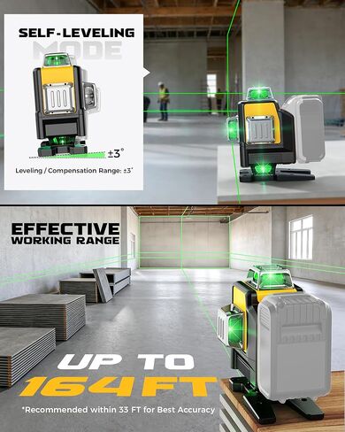 مستوى الليزر DIYtoolifz متوافق مع بطارية DeWalt 20V، التسوية الذاتية 4D 4x360°، أداة تسوية الليزر ذات 4 اتجاهات خضراء ذات 16 خطًا لمشروع البناء، بلاط الأرضية، تجديد المنزل، الاستخدام الداخلي، بدون بطارية in Kuwait