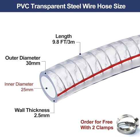 PVC tube steel wire reinforced tubing, PVC Steel Wire Helix Hose Wall Thickness 2.5mm Length 9.8ft Inner Diameter Multiple Sizes(Inner Diameter 25mm) in Saudi Arabia