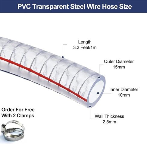 PVC tube steel wire reinforced tubing, PVC Steel Wire Hose 1 Meter 2.5mm Wall ID 10mm/13mm Clamps for Water Oil Air Transfer(ID 10mm) in Saudi Arabia