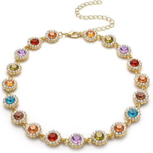 Magitaco Colorful Rhinestone Choker Necklace for Women, Gold Plated Rainbow Crystal Necklaces/Bracelet, Trendy Gemstone Necklace Jewelry for Beach Prom in Saudi Arabia