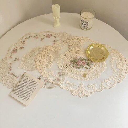 2 حزمة من مفارش الدانتيل الرجعية، مفارش كروشيه فرنسية، مفارش طاولة مطرزة يدويًا، 12 × 16 بوصة، حصيرة أكواب باللون البيج in Kuwait