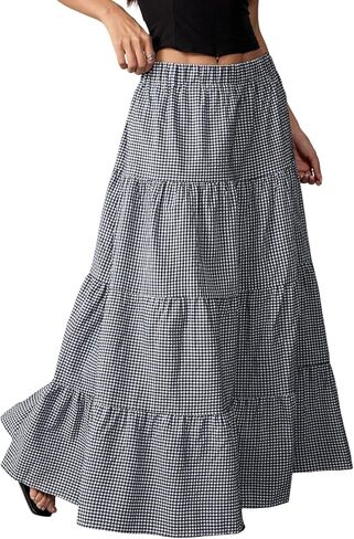 TITOMD Women's Gingham Maxi Skirt A Line Ruffle Tiered Long Plaid Skirts Elastic Waist Flowy Y2K Checkered Skirt in Saudi Arabia