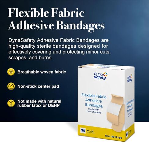 Dynarex Sterile Adhesive Fabric Bandages – 1" x 3" Flexible Wound Dressing for Minor Cuts, Breathable Material, Secure Fit with Non-Stick Pad, 1 Box of 50 in Saudi Arabia