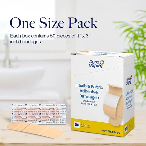 Dynarex Sterile Adhesive Fabric Bandages – 1" x 3" Flexible Wound Dressing for Minor Cuts, Breathable Material, Secure Fit with Non-Stick Pad, 1 Box of 50 in Saudi Arabia