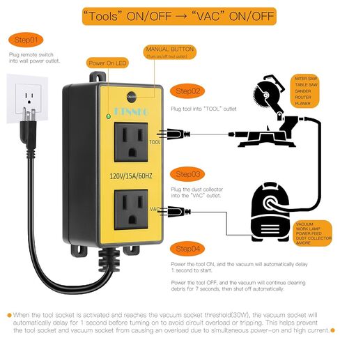 Automatic Vacuum Switch for Power Tool & Table Saw – Load Sensing Remote Control Outlet with 2 Outlets: Tool Plugs into One, Dust Collector Auto-On/Off When Tool Runs (1s Delay On / 7s Delay Off) in Saudi Arabia