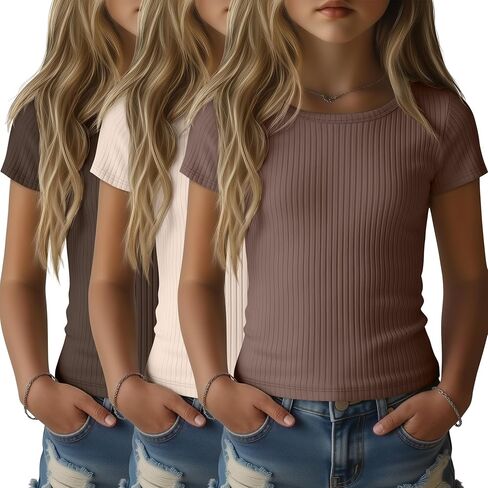 3 Pack Girls Shirts Cotton Basic Tees Ribbed Knit Slim Fit T Shirts Boat Neck Tops Casual for Kids Ages 5-14 in Kuwait