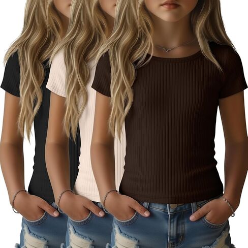 3 Pack Girls Shirts Cotton Basic Tees Ribbed Knit Slim Fit T Shirts Boat Neck Tops Casual for Kids Ages 5-14 in Saudi Arabia