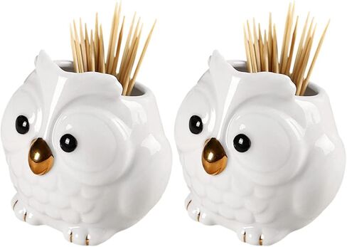 WAYUTO 2Pcs Ceramic Decorative Toothpick Holder Porcelain Toothpick Dispenser Cute Owl Figurine Toothpick Case Cartoon Animal Storage Organizer for Kitchen Home Restaurant Countertop Decor White in Saudi Arabia