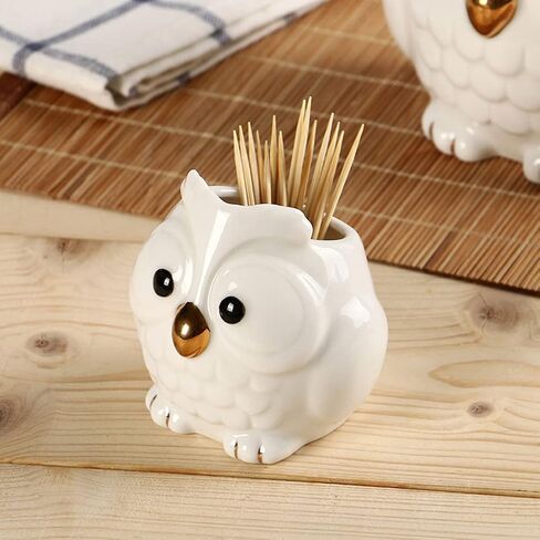 WAYUTO 2Pcs Ceramic Decorative Toothpick Holder Porcelain Toothpick Dispenser Cute Owl Figurine Toothpick Case Cartoon Animal Storage Organizer for Kitchen Home Restaurant Countertop Decor White in Saudi Arabia