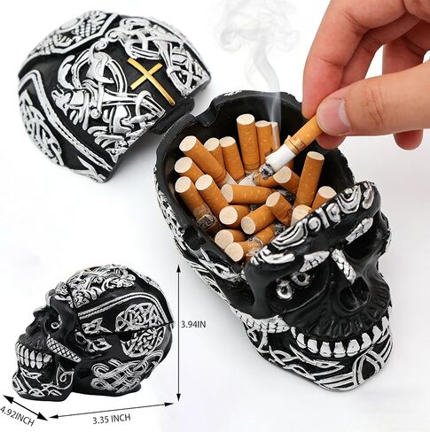 Cross Skull Ashtray with Lid - Windproof Tabletop Resin Cigarette Ash Tray for Home Office Tabletop Outside or Inside Patio Outdoor in Saudi Arabia