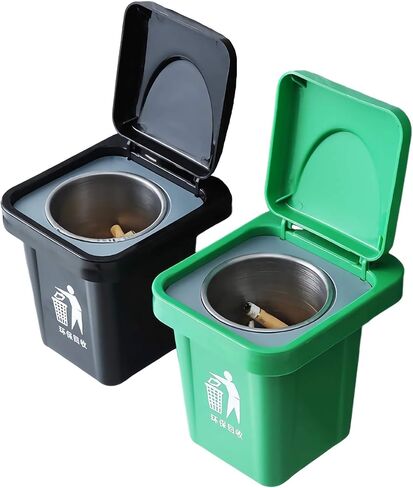 mini trash garbage can bin for desk, funny cool ashtray for cigarettes, fancy novelty cigar ashtray with lid for outside, portable ashtrays for smokers indoor 2 PCS in Saudi Arabia