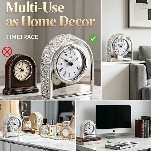Mirror Glass Desk Table Clock with Diamond Inlay, 5.1 inches in Height, Morning Call for Desk Fireplace Living Room Home Sparkle Twinkle Bling Decor in Saudi Arabia
