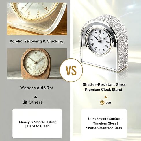 Mirror Glass Desk Table Clock with Diamond Inlay, 5.1 inches in Height, Morning Call for Desk Fireplace Living Room Home Sparkle Twinkle Bling Decor in Saudi Arabia