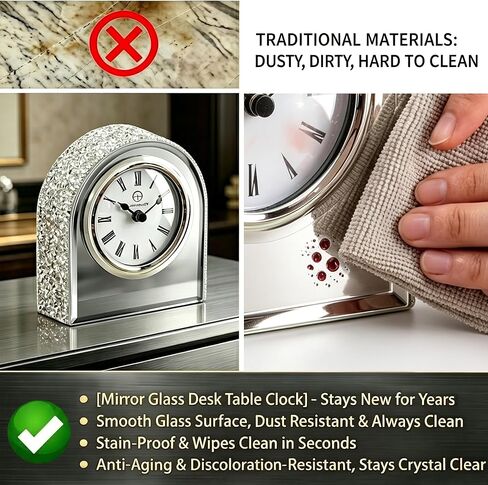 Mirror Glass Desk Table Clock with Diamond Inlay, 5.1 inches in Height, Morning Call for Desk Fireplace Living Room Home Sparkle Twinkle Bling Decor in Saudi Arabia