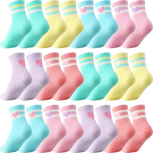 Shihanee 12 Pairs Socks for Girls Kids Pink Crew Athletic Socks with Stripes Heart 6-12 Years Old Cotton Girls Crew Sock in Saudi Arabia