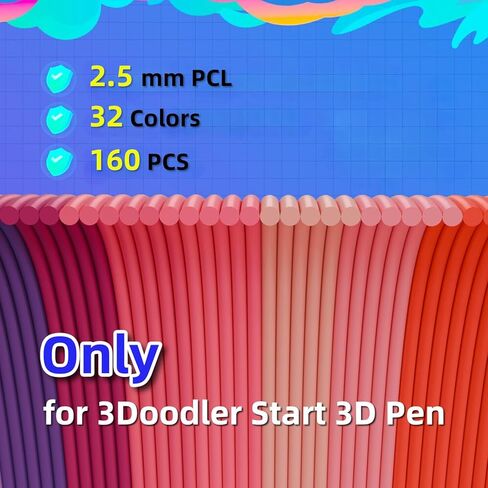 عبوات إعادة تعبئة أقلام 3D Doodler 32 لونًا متوافقة مع قلم 3Doodler Start+، 160 خيط PCL 2.5 مم خيوط قلم ثلاثي الأبعاد بدرجة حرارة منخفضة مع زجاجة تخزين in Saudi Arabia