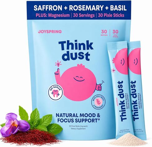 JoySpring Think Dust Kids مكمل المغنيسيوم بالزعفران، المغنيسيوم المهدئ للأطفال، عبوات المكملات العشبية مع الثيانين، مستخلص إكليل الجبل، عصير الليمون الخالي من السكر، 30 حصة للأعمار من 4 سنوات فما فوق in Kuwait