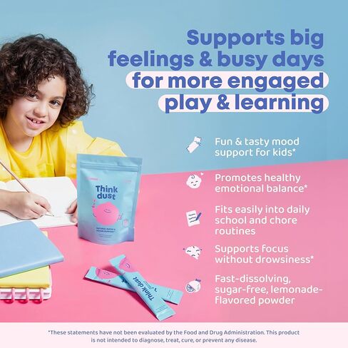 JoySpring Think Dust Kids مكمل المغنيسيوم بالزعفران، المغنيسيوم المهدئ للأطفال، عبوات المكملات العشبية مع الثيانين، مستخلص إكليل الجبل، عصير الليمون الخالي من السكر، 30 حصة للأعمار من 4 سنوات فما فوق in Kuwait