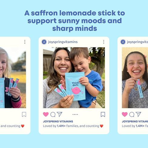 JoySpring Think Dust Kids مكمل المغنيسيوم بالزعفران، المغنيسيوم المهدئ للأطفال، عبوات المكملات العشبية مع الثيانين، مستخلص إكليل الجبل، عصير الليمون الخالي من السكر، 30 حصة للأعمار من 4 سنوات فما فوق in Kuwait