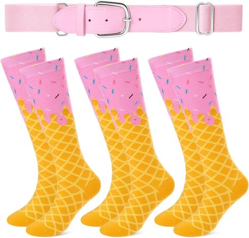 3 Pairs Ice Cream Baseball Socks and Belt Combo Set Ice Cream Knee High Socks Drip Stockings for Aldult in Saudi Arabia