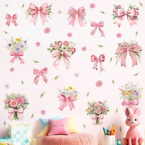 Bow Floral Window Cling Pink Bowknot Bouquet Window Stickers Watercolor Floral Flower Window Wall Decals Peel and Stick Coquette Ribbon Bow Wall Stickers for Girls Room Bedroom Nursery Decor in Saudi Arabia