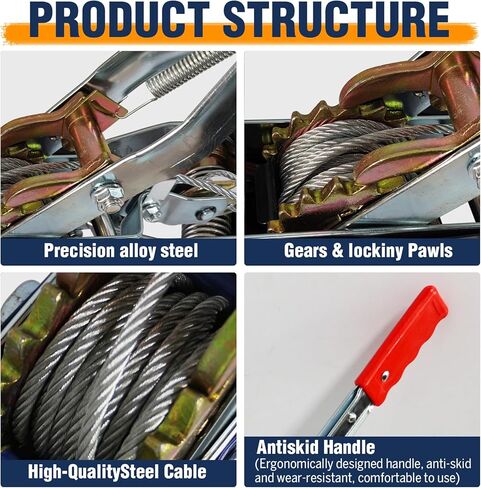 Come Along Winch 4T, Cable Come Along Tool with 10FT Steel Cable,Heavy Duty 3 Hook Steel Cable Dual Gear Power Puller, Hand Winch Cable,Recovery Gear, Hoist Cable Puller for Vehicle Rescue in Saudi Arabia