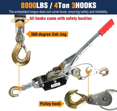 Come Along Winch 4T, Cable Come Along Tool with 10FT Steel Cable,Heavy Duty 3 Hook Steel Cable Dual Gear Power Puller, Hand Winch Cable,Recovery Gear, Hoist Cable Puller for Vehicle Rescue in Saudi Arabia