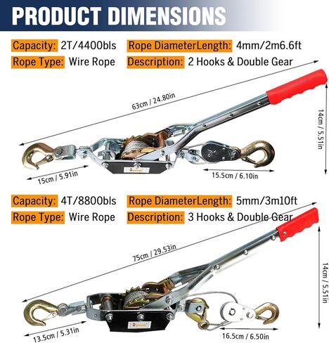 Come Along Winch 4T, Cable Come Along Tool with 10FT Steel Cable,Heavy Duty 3 Hook Steel Cable Dual Gear Power Puller, Hand Winch Cable,Recovery Gear, Hoist Cable Puller for Vehicle Rescue in Saudi Arabia