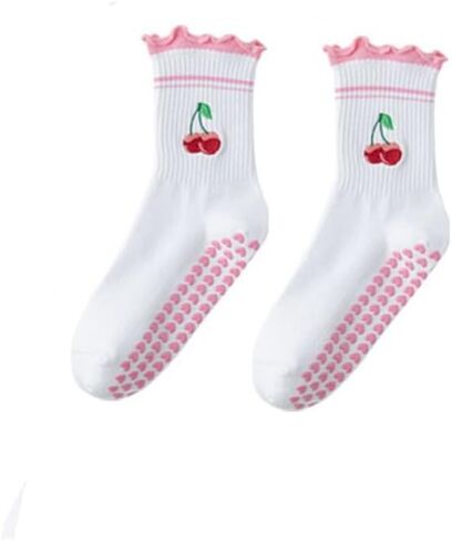 Pilates Socks with Grips for Women – Non-Slip Cherry Pattern Yoga Socks for Barre Ballet, Breathable Blend Ruffle Cuff in Saudi Arabia