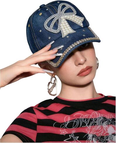 MakeMeChic Women's Summer Y2K Rhinestone Pearl Beaded Denim Hat Curved Brim Hats Caps in Saudi Arabia