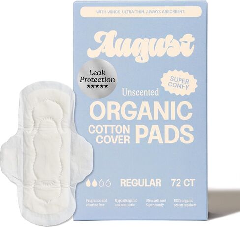 August Regular Cotton Menstrual Pads, 72-Pack Ultra Thin Pads with Wings, Hypoallergenic Sanitary Napkins with Organic Cotton Topsheet, Compostable Wrappers, Toxin Free, Fragrance Free in Saudi Arabia