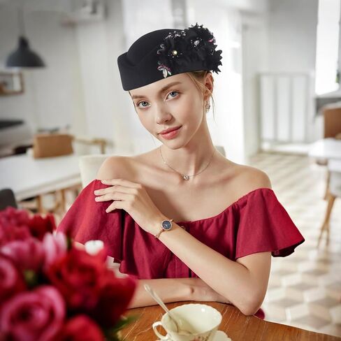 Wool Felt Church Hats for Women,Beret Hats for Women with Floral Women's Soft Felt Bridal hat for Wedding in Saudi Arabia
