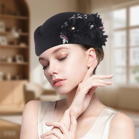 Wool Felt Church Hats for Women,Beret Hats for Women with Floral Women's Soft Felt Bridal hat for Wedding in Saudi Arabia