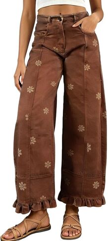 برميل الجينز النساء 2026 كشكش هيم الأزهار طباعة واسعة الساق Sweatpants الجينز بوهو Y2K المرقعة فضفاض الصبي صديق الدنيم السراويل in Saudi Arabia