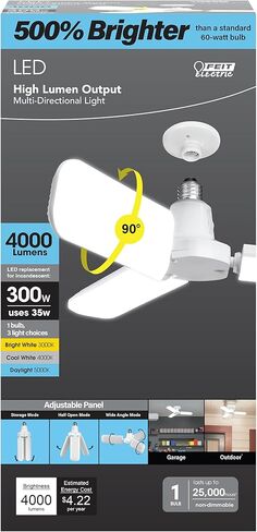 Feit Electric LED Garage Light, Multiple Adjustable Panels, E26 Base, Ideal for Garage, Workshop, Shed, 25,000-Hour Lifetime in Saudi Arabia