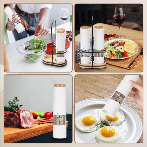 Threlaco Electric Salt and Pepper Grinder Set with 1 Portable Spill Proof Base 2 Packs Battery Operated Salt Pepper shakers with Adjustable Coarseness Light Wheat Straw Grinder for Kitchen(White) in Saudi Arabia