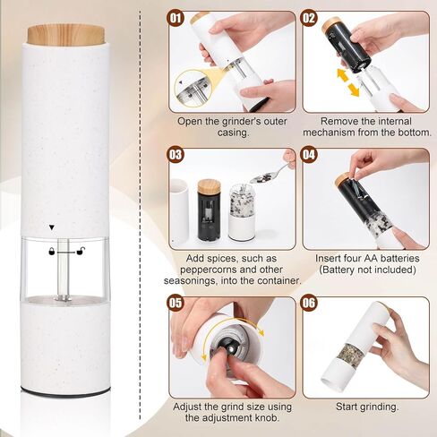 Threlaco Electric Salt and Pepper Grinder Set with 1 Portable Spill Proof Base 2 Packs Battery Operated Salt Pepper shakers with Adjustable Coarseness Light Wheat Straw Grinder for Kitchen(White) in Saudi Arabia