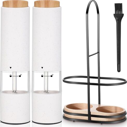 Threlaco Electric Salt and Pepper Grinder Set with 1 Portable Spill Proof Base 2 Packs Battery Operated Salt Pepper shakers with Adjustable Coarseness Light Wheat Straw Grinder for Kitchen(White) in Saudi Arabia